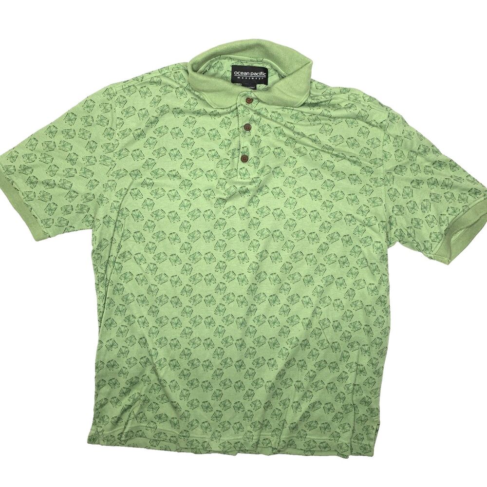 VTG OCEAN PACIFIC Green Short Sleeve Palm Pattern Polo Shirt Mens Size Small Y2K - Picture 1 of 3